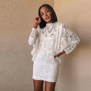 Elegant Stand Neck Hollow Out Batwing Sleeve Two Pieces Set Mini Dress