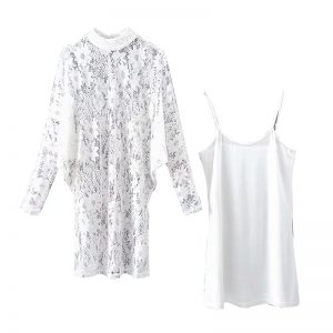 Elegant Stand Neck Hollow Out Batwing Sleeve Two Pieces Set Mini Dress - Image 2