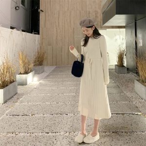 Knitted Pullover Elegant Lace Up A-line Sweater Dress