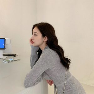Knitted Pullover Elegant Lace Up A-line Sweater Dress - Image 5