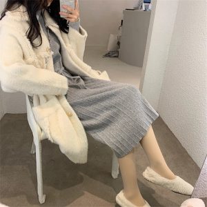 Knitted Pullover Elegant Lace Up A-line Sweater Dress - Image 8