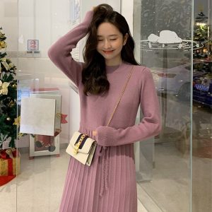 Knitted Pullover Elegant Lace Up A-line Sweater Dress - Image 11