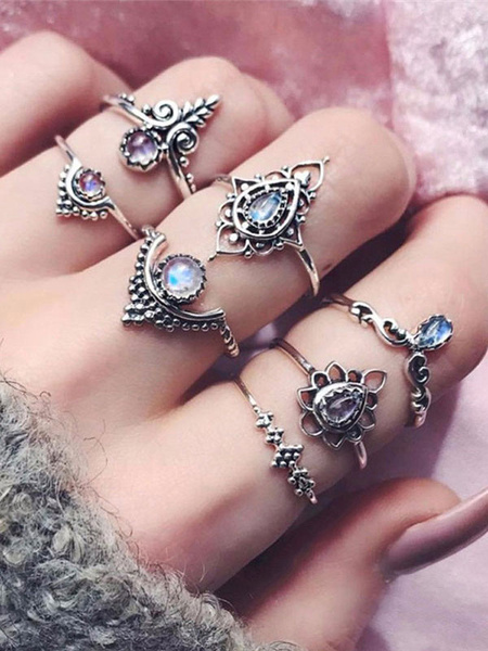 Knuckle Ethnic Style Embossed Hollow Out Gems 7 Pieces Ring Set
