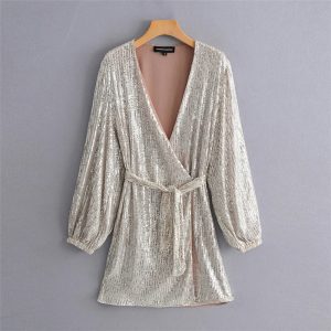 Deep V Neck Sashes Long Sleeve Bodycon Mini Dress - Image 5