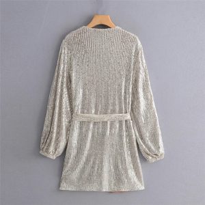 Deep V Neck Sashes Long Sleeve Bodycon Mini Dress - Image 6