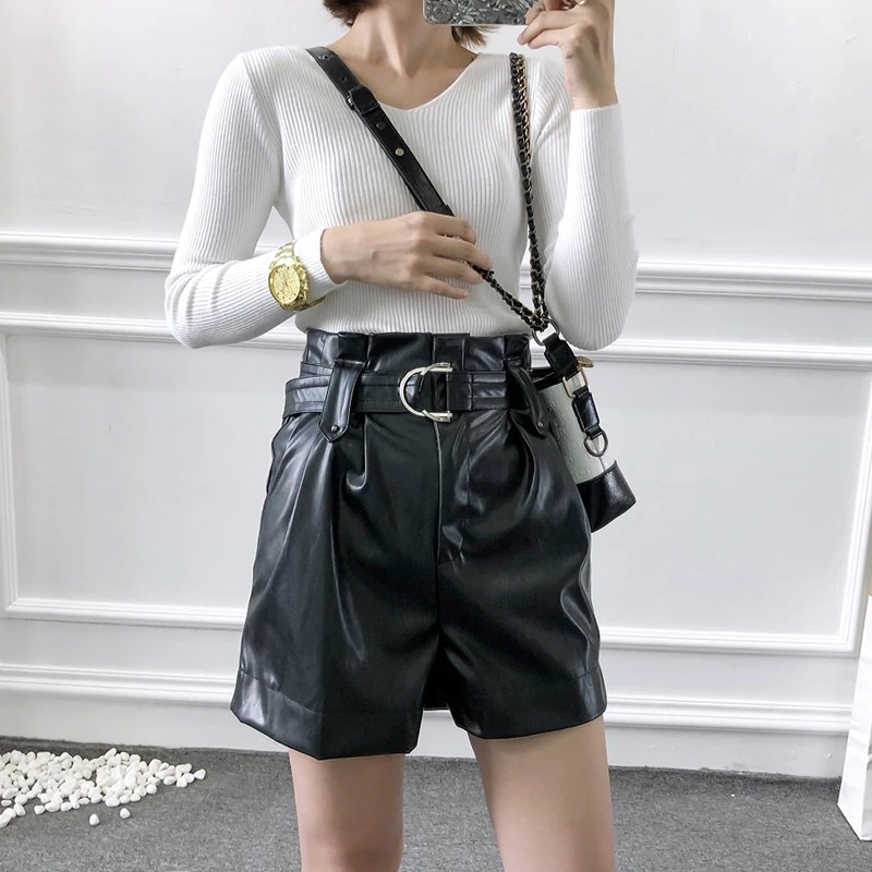 Faux Leather Pleated High Waist Shorts With Belt