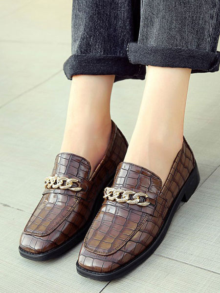 Loafers PU Leather Square Toe Chains Slip On Shoes