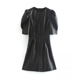 Puff Short Sleeve O Neck Pleated Bodycon Mini Dress - Image 4