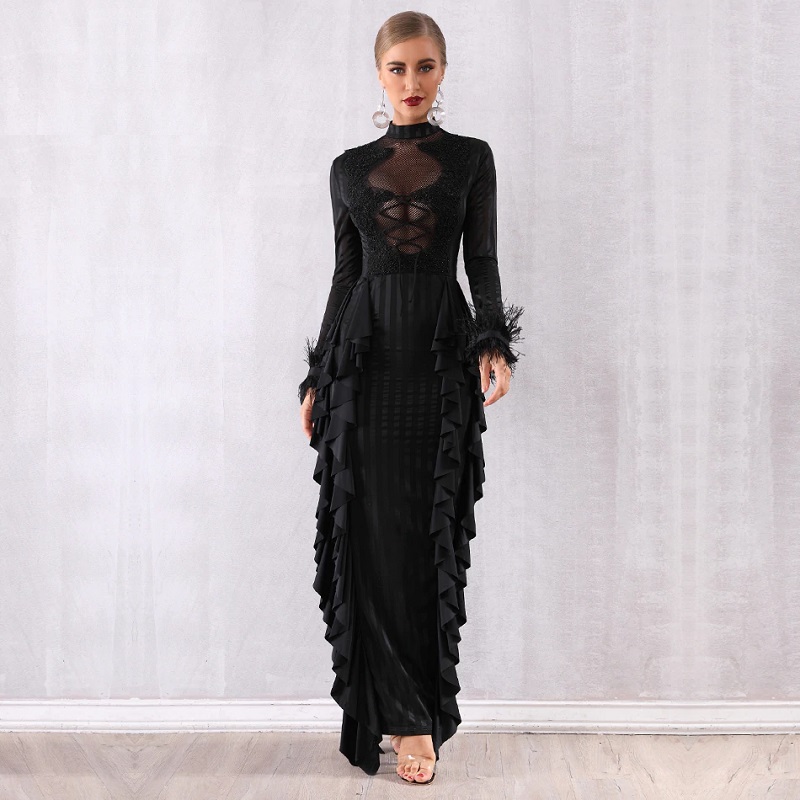 Sexy Long Sleeve Lace Pearls Ruffles Bodycon Celebrity Party Dress