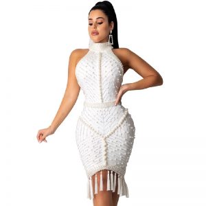 Tassel Sexy Halter Luxury Beading Celebrity Party Bodycon Dress - Image 2