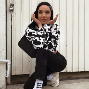 Animal Print Coat Short Button Pockets Crop Jacket - Image 2