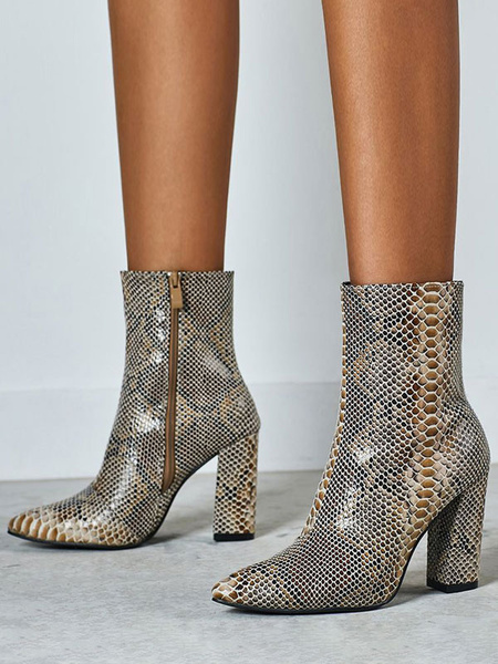 Ankle Pointed Toe Snake Print Chunky Heel PU Leather Booties