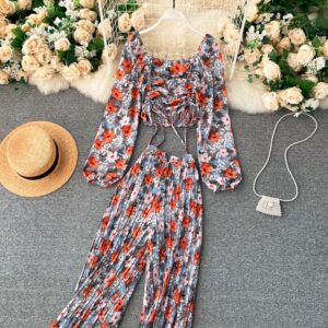 Boho Floral Puff Sleeve Drawstring Ruched Pleated Wide Leg Long Pants Two Pieces Set - Image 2