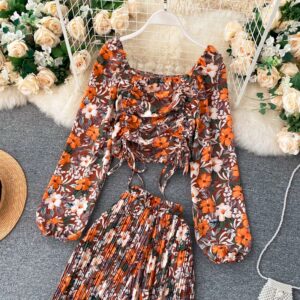 Boho Floral Puff Sleeve Drawstring Ruched Pleated Wide Leg Long Pants Two Pieces Set - Image 3