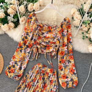 Boho Floral Puff Sleeve Drawstring Ruched Pleated Wide Leg Long Pants Two Pieces Set - Image 4