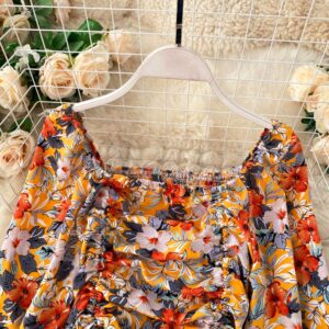 Boho Floral Puff Sleeve Drawstring Ruched Pleated Wide Leg Long Pants Two Pieces Set - Image 5