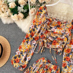 Boho Floral Puff Sleeve Drawstring Ruched Pleated Wide Leg Long Pants Two Pieces Set - Image 6