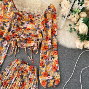 Boho Floral Puff Sleeve Drawstring Ruched Pleated Wide Leg Long Pants Two Pieces Set - Image 7