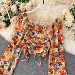 Boho Floral Puff Sleeve Drawstring Ruched Pleated Wide Leg Long Pants Two Pieces Set - Image 15