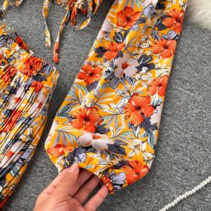 Boho Floral Puff Sleeve Drawstring Ruched Pleated Wide Leg Long Pants Two Pieces Set - Image 8