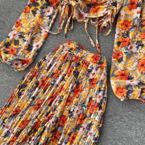 Boho Floral Puff Sleeve Drawstring Ruched Pleated Wide Leg Long Pants Two Pieces Set - Image 10