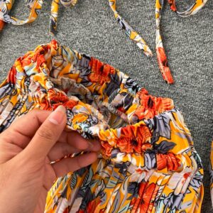 Boho Floral Puff Sleeve Drawstring Ruched Pleated Wide Leg Long Pants Two Pieces Set - Image 11