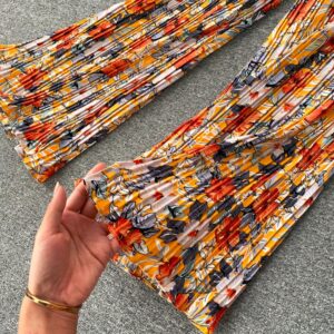 Boho Floral Puff Sleeve Drawstring Ruched Pleated Wide Leg Long Pants Two Pieces Set - Image 13