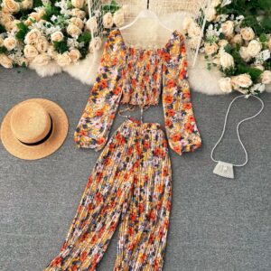 Boho Floral Puff Sleeve Drawstring Ruched Pleated Wide Leg Long Pants Two Pieces Set