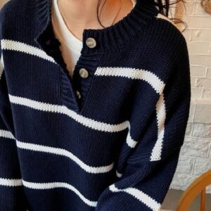 Casual Fashionable Buttons Knitted Striped Sweaters - Image 7