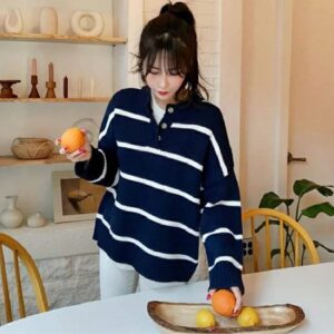 Casual Fashionable Buttons Knitted Striped Sweaters