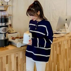 Casual Fashionable Buttons Knitted Striped Sweaters - Image 3