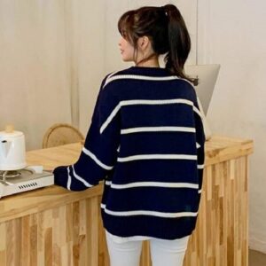Casual Fashionable Buttons Knitted Striped Sweaters - Image 4