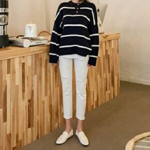 Casual Fashionable Buttons Knitted Striped Sweaters - Image 5