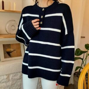 Casual Fashionable Buttons Knitted Striped Sweaters - Image 6