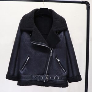 Faux Leather Lambs Wool Fur Collar Pu Zipper Jacket - Image 6