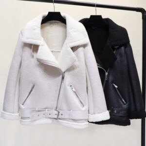 Faux Leather Lambs Wool Fur Collar Pu Zipper Jacket - Image 3
