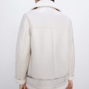 Faux Leather Lambs Wool Fur Collar Pu Zipper Jacket - Image 4