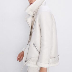Faux Leather Lambs Wool Fur Collar Pu Zipper Jacket - Image 5