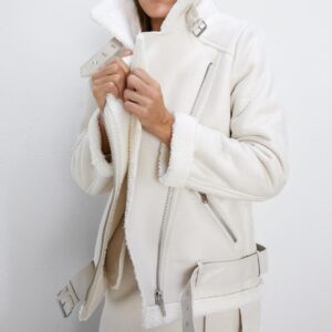 Faux Leather Lambs Wool Fur Collar Pu Zipper Jacket