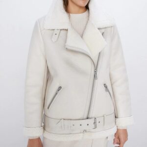 Faux Leather Lambs Wool Fur Collar Pu Zipper Jacket - Image 2