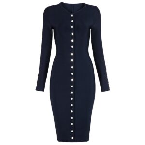 Long Sleeve Sexy Button Embellished Bandage Evening Party Dress - Image 2