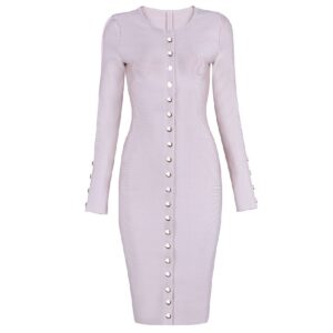Long Sleeve Sexy Button Embellished Bandage Evening Party Dress - Image 4