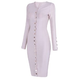 Long Sleeve Sexy Button Embellished Bandage Evening Party Dress - Image 5