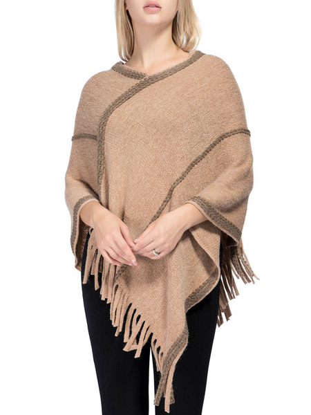 Poncho V-Neck Embroidered Patch Layered Fringe Wrap Cape