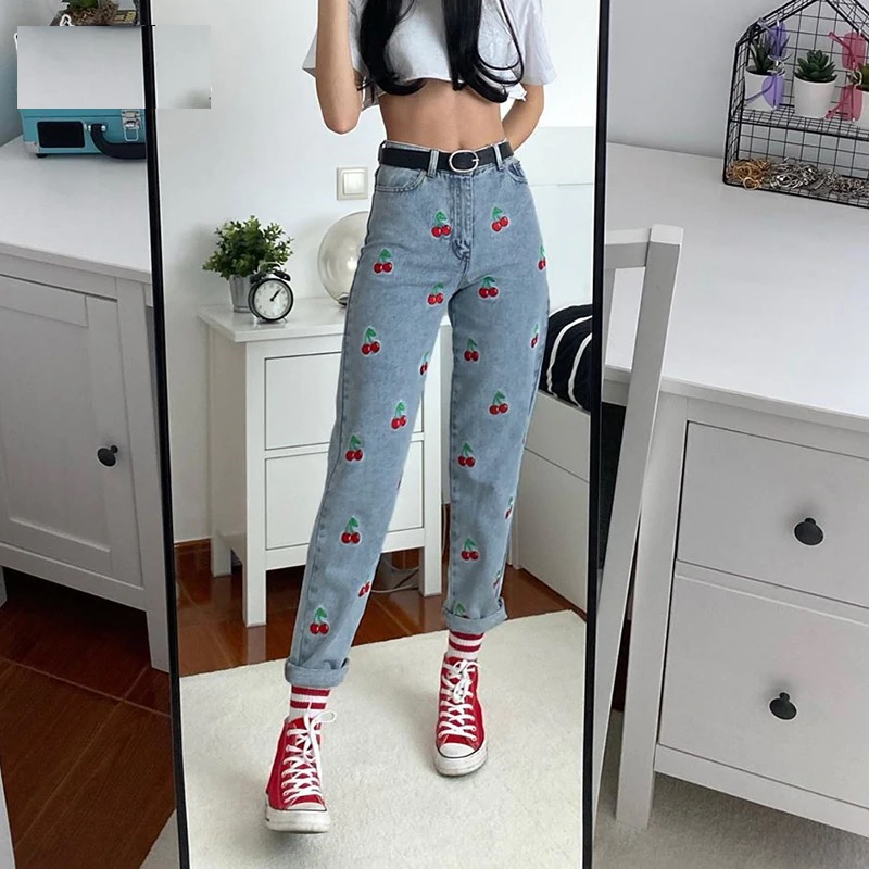 Vintage Embroidery Cherry Cute Skinny Casual Denim Jeans