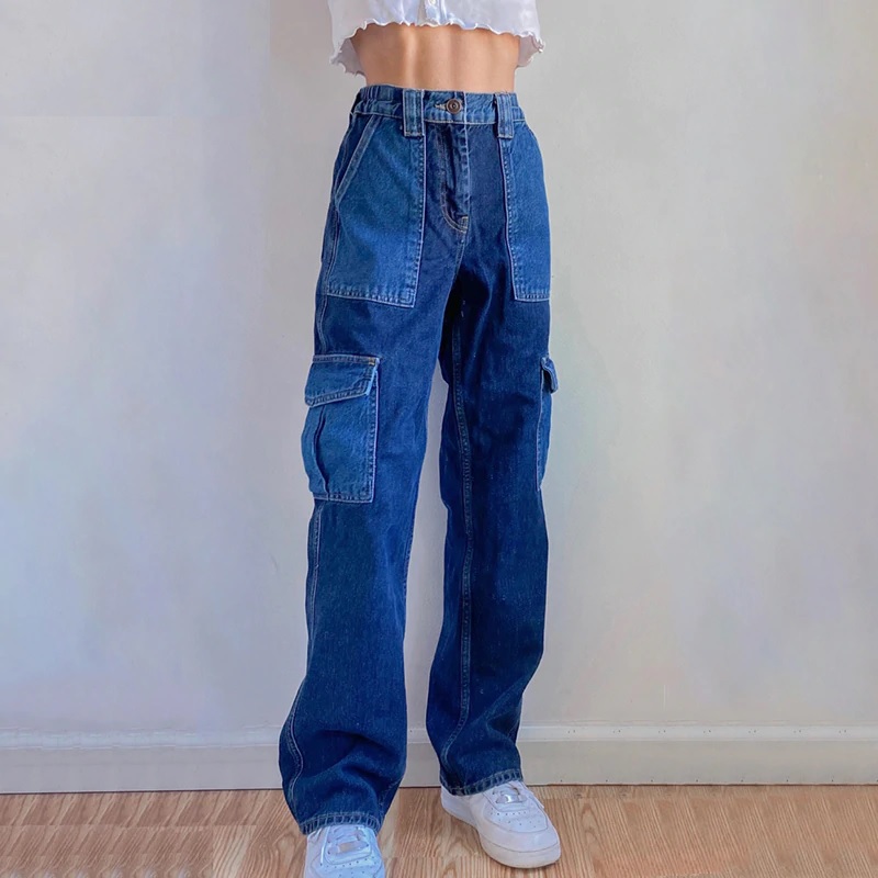 Patchwork Denim High Waist Cargo Long Baggy Jeans Vintage