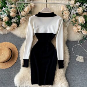 Retro Long Sleeve Slim Pencil Warm Bodycon Sweater Dresses - Image 3