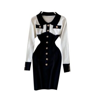 Retro Long Sleeve Slim Pencil Warm Bodycon Sweater Dresses
