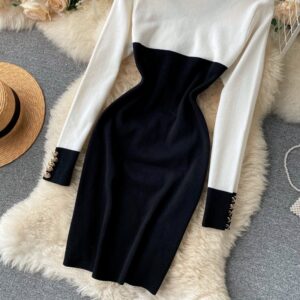 Retro Long Sleeve Slim Pencil Warm Bodycon Sweater Dresses - Image 10
