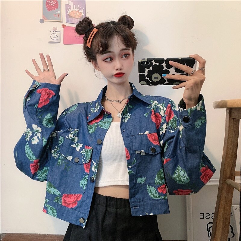 Style Korean retro rose print denim jacket